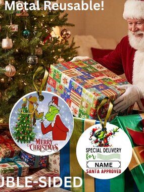 Grinch Santa Reusable Metal Christmas Tag Personalized